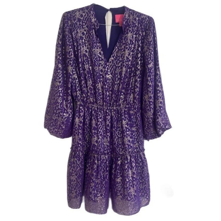 Lilly Pulitzer Purple Silk Gold Metallic Leopard Tiered Dress Holiday Size 12