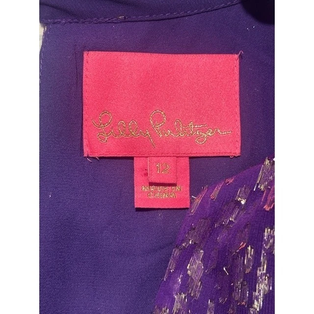 Lilly Pulitzer Purple Silk Gold Metallic Leopard Tiered Dress Holiday Size 12 - Image 6