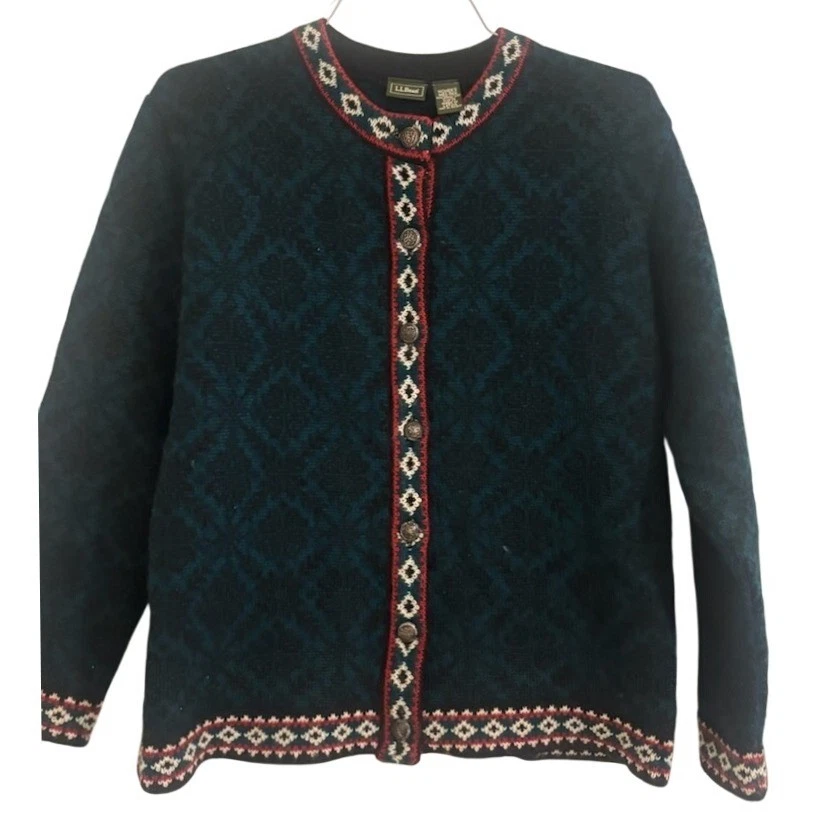 L.L. Bean 100% Merino Wool Fair Isle Green Cardigan Sweater Size Medium Vintage
