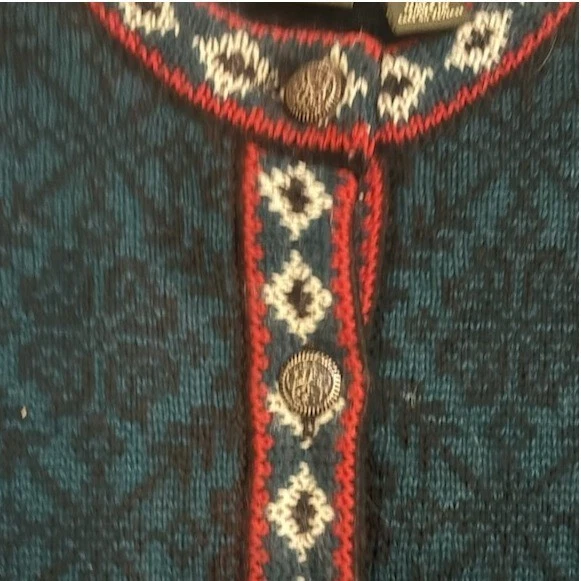 L.L. Bean 100% Merino Wool Fair Isle Green Cardigan Sweater Size Medium Vintage - Image 3