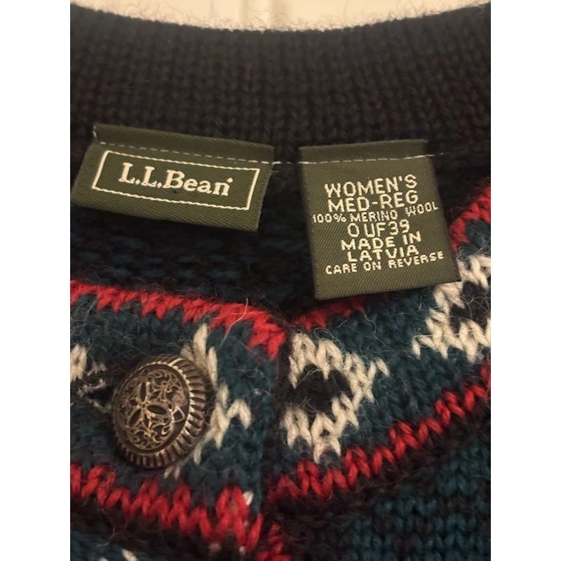 L.L. Bean 100% Merino Wool Fair Isle Green Cardigan Sweater Size Medium Vintage - Image 5