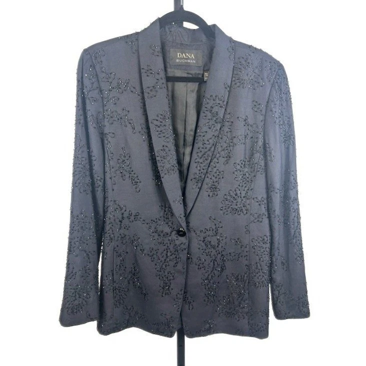 Classic Dana Buchman 100% Silk Blue Black Crystal Beaded Blazer Jacket Size 10