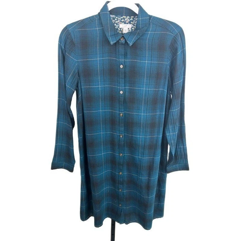 J.Jill Blue Plaid Floral Lined Button Shirt Dress Tunic 100% Cotton Size Small