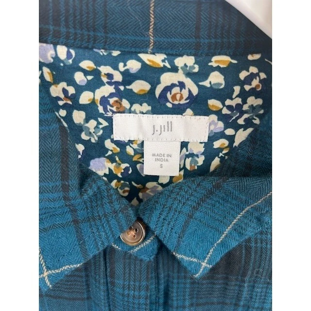 J.Jill Blue Plaid Floral Lined Button Shirt Dress Tunic 100% Cotton Size Small - Image 3