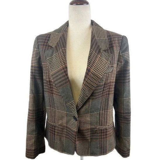 Gloria Vanderbilt Blazer Women's Size 12 Plaid Houndstooth Wool Jacket Vintage