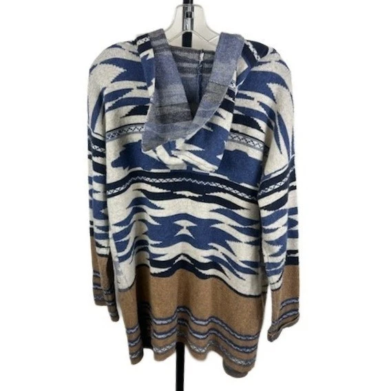 ii Sisters Hooded Blue Aztec Print Open Cardigan Sweater Western Size Medium - Image 2