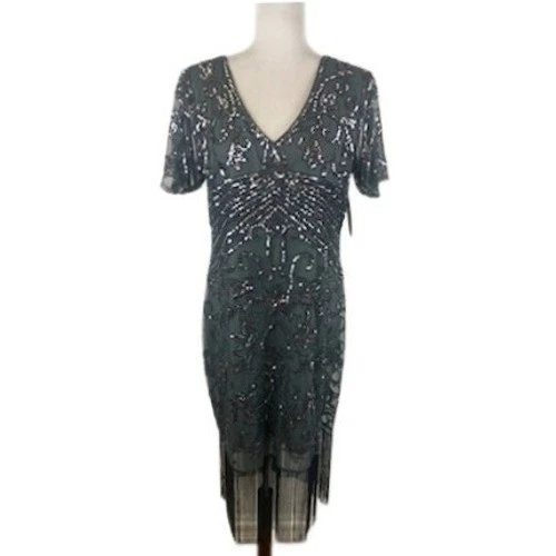 Unique Vintage Flapper Dress Silver Sequin Fringe Great Gatsby Party Size XL - Image 2