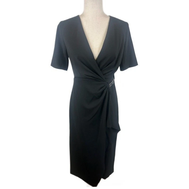 New DKNY Black Dress Short Sleeve Sheath Pewter Chain Cocktail Career Size 2