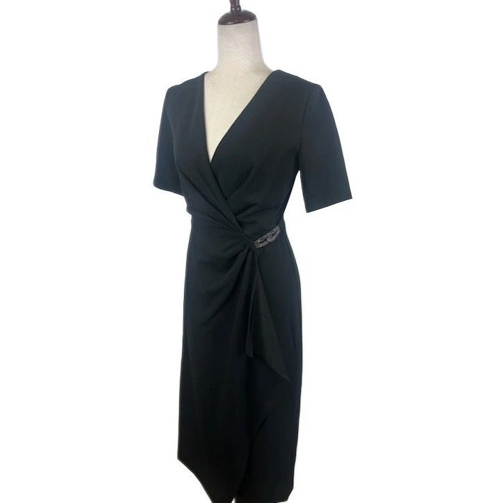 New DKNY Black Dress Short Sleeve Sheath Pewter Chain Cocktail Career Size 2 - Image 2