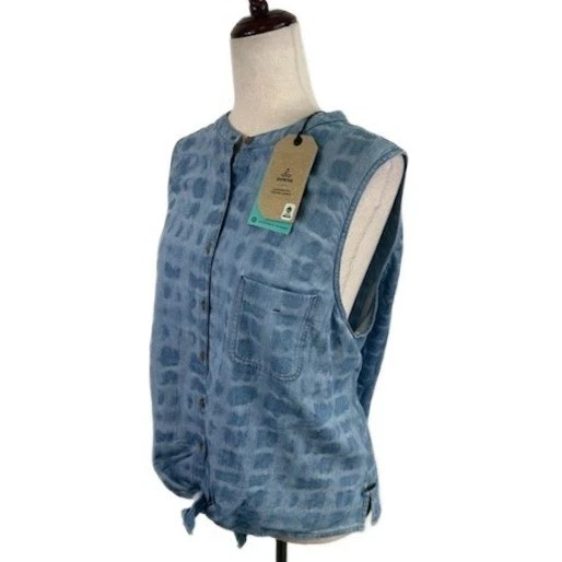 New Prana Tie Front Blouse Sleeveless Shirt Top Blue Organic Cotton Size XL - Image 2