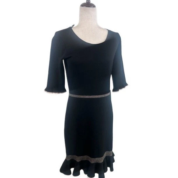 New Taylor Black Knit Sheath Dress Ruffle Hem Career Cocktail Party Medium