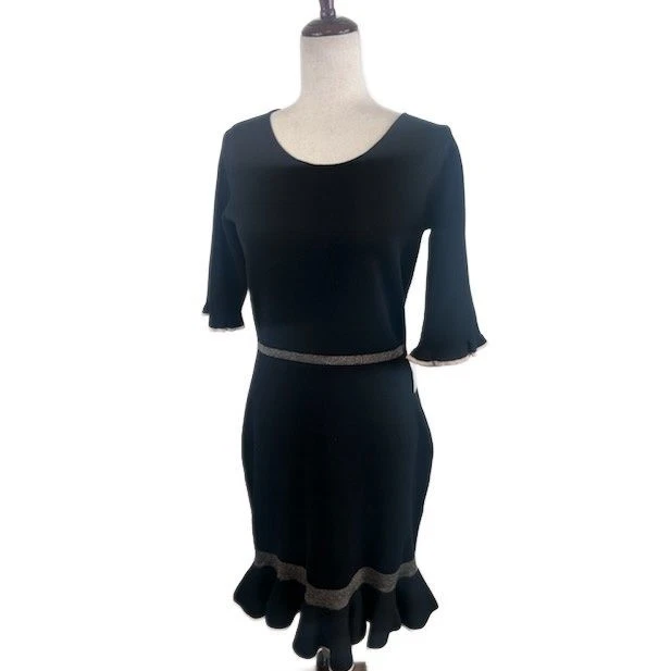 New Taylor Black Knit Sheath Dress Ruffle Hem Career Cocktail Party Medium - Image 2