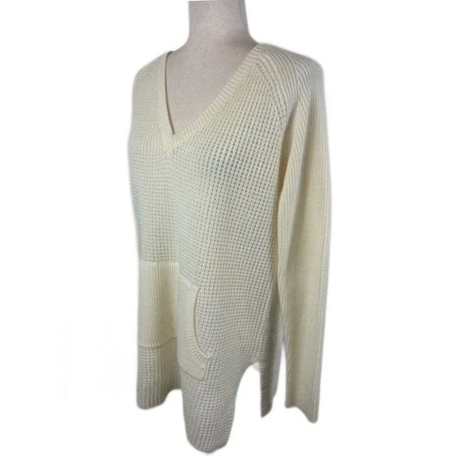 Lolë Cream V-Neck Waffle Knit Sweater Tunic Pocket Size Medium - Image 2
