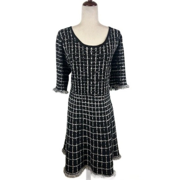 Taylor Plaid Black Tweed Dress Fringe Trim Elbow Sleeves Career Casual Size 2X