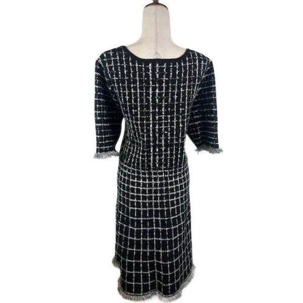Taylor Plaid Black Tweed Dress Fringe Trim Elbow Sleeves Career Casual Size 2X - Image 3