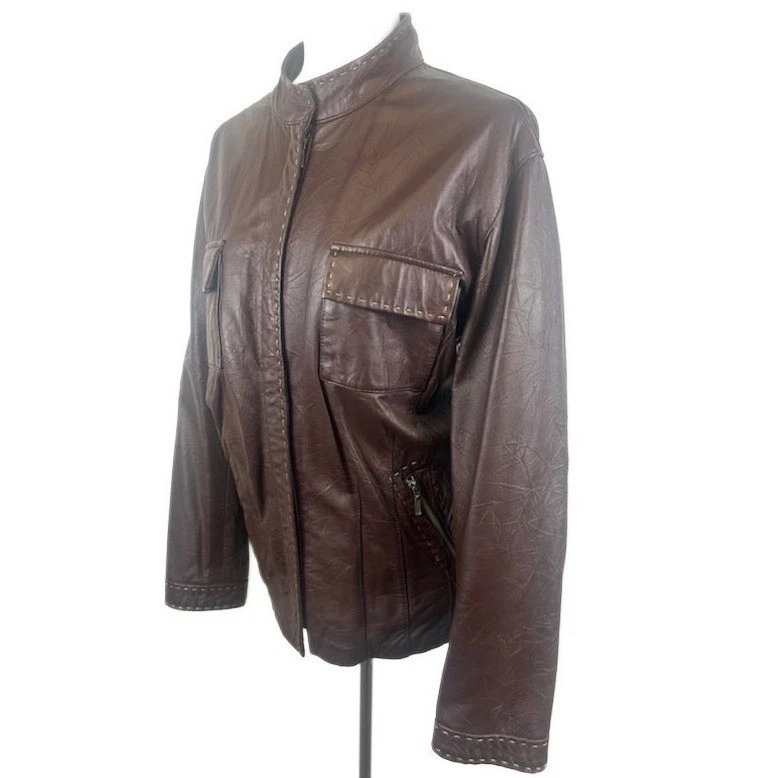 Y2K Chico's Genuine Leather Jacket Top Brown Moto Biker Chico's Size 3 US XL 16 - Image 2