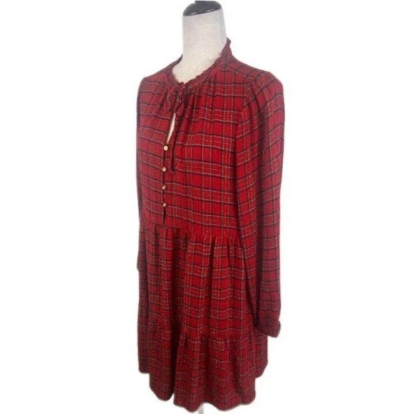 LOFT Red Gold Plaid Tiered Dress Ruffle Neck Long Sleeve Tartan Size Small - Image 2