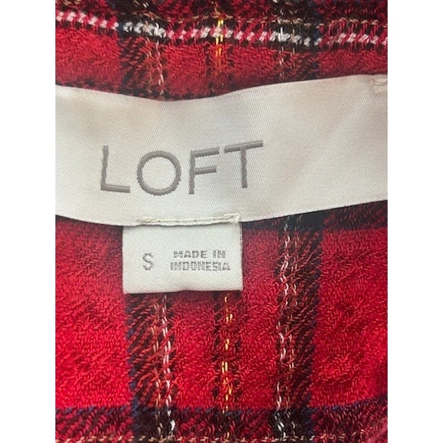 LOFT Red Gold Plaid Tiered Dress Ruffle Neck Long Sleeve Tartan Size Small - Image 4
