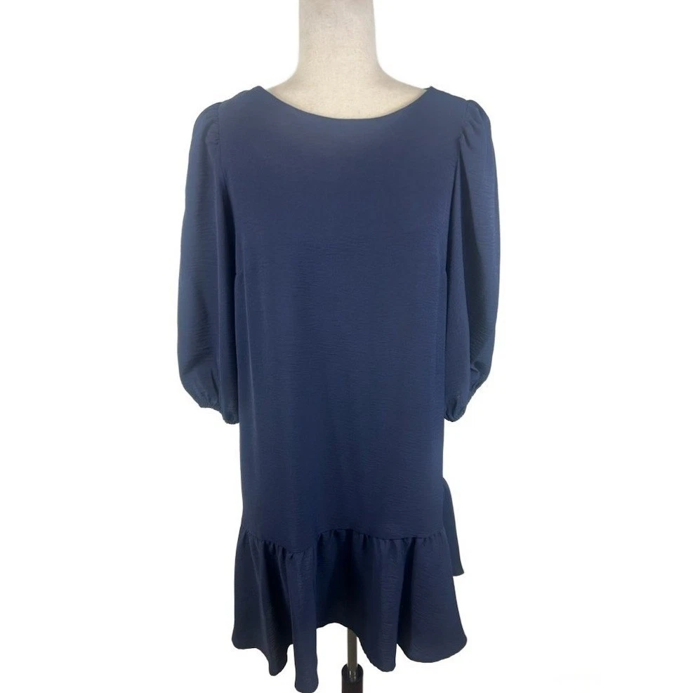DKNY Navy Blue Dress Ruffle Hem Puff Sleeve Casual Career Size 10 - Image 2