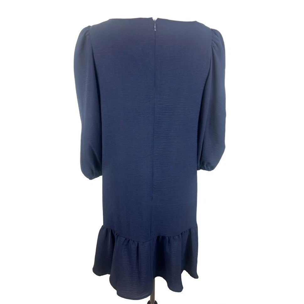 DKNY Navy Blue Dress Ruffle Hem Puff Sleeve Casual Career Size 10 - Image 3
