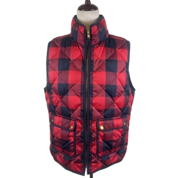 J. Crew Quilted Down Red Vest Buffalo Check Plaid Puffer Sleeveless Jacket Large