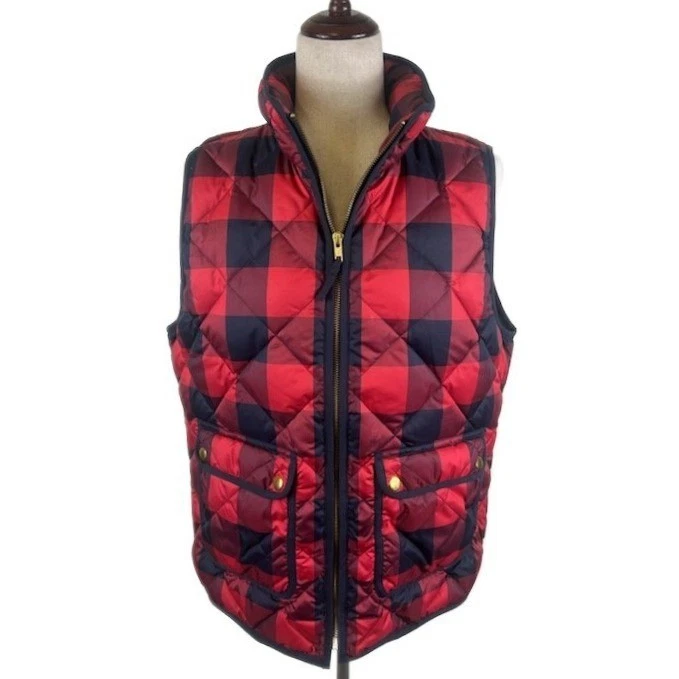 J. Crew Quilted Down Red Vest Buffalo Check Plaid Puffer Sleeveless Jacket Large - Image 2