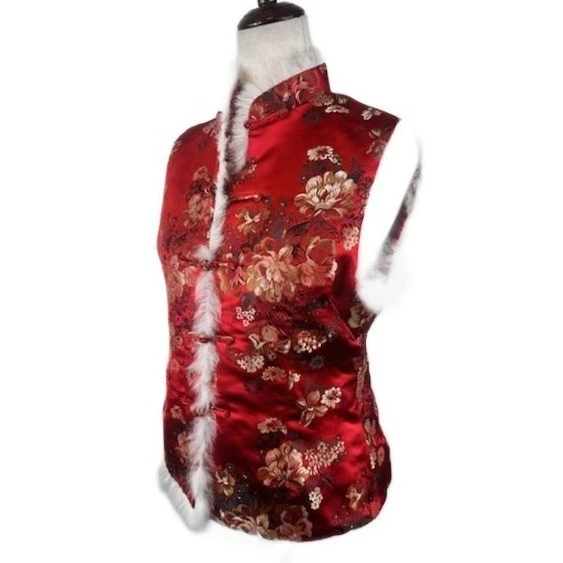 Red Satin Floral Vest Asian Style Faux Fur Trim Brocade Holiday Size XL - Image 2