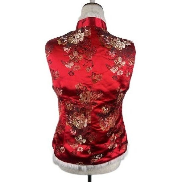 Red Satin Floral Vest Asian Style Faux Fur Trim Brocade Holiday Size XL - Image 3