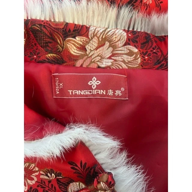 Red Satin Floral Vest Asian Style Faux Fur Trim Brocade Holiday Size XL - Image 4