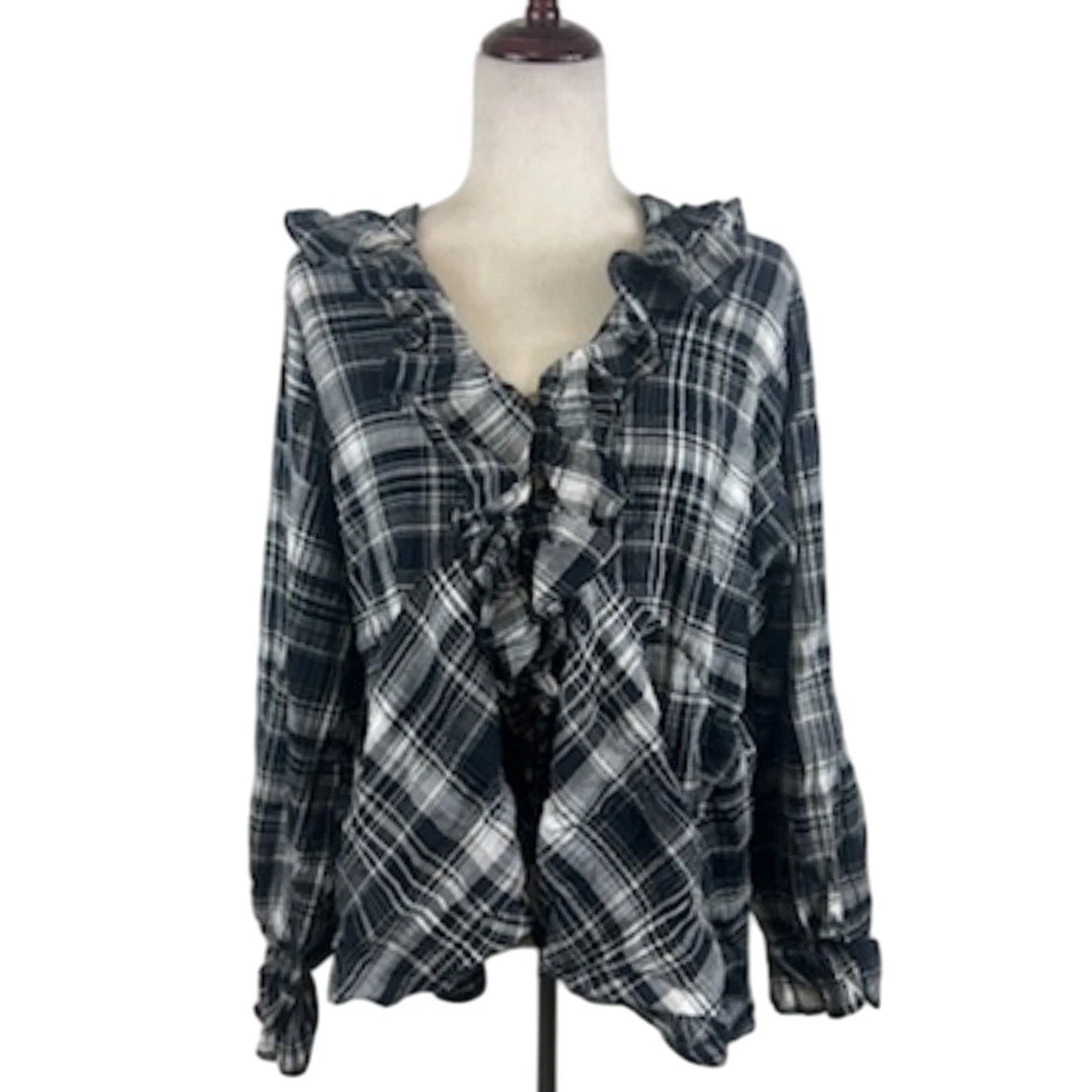 Pilcro Ruffled Plaid Button Down Long Sleeve Blouse Top Black White Size XL