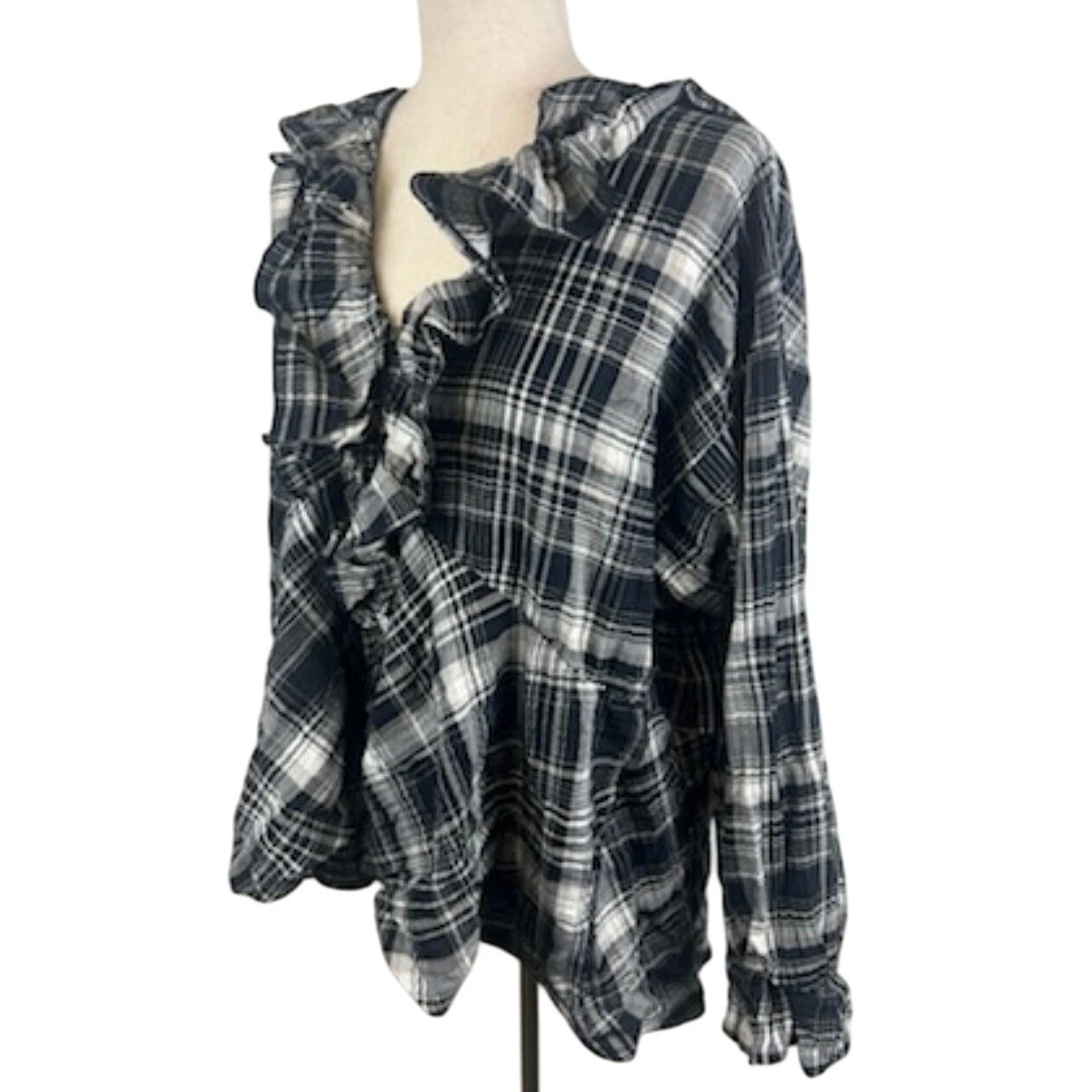 Pilcro Ruffled Plaid Button Down Long Sleeve Blouse Top Black White Size XL - Image 2