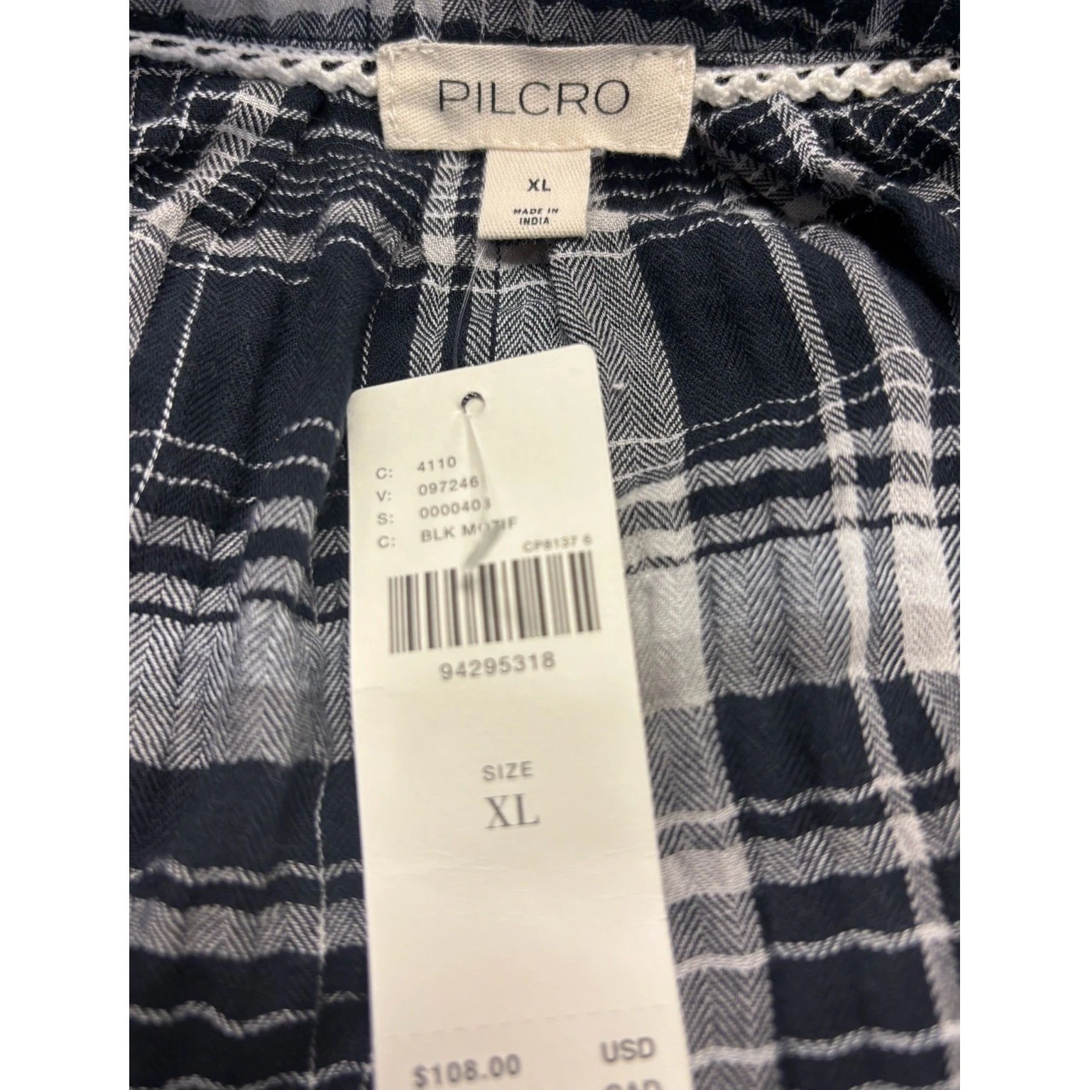 Pilcro Ruffled Plaid Button Down Long Sleeve Blouse Top Black White Size XL - Image 6