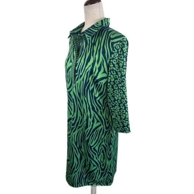 Gretchen Scott Dress Green Blue Animal Print 3/4 Sleeve Scuba Collar Size Large - Image 2