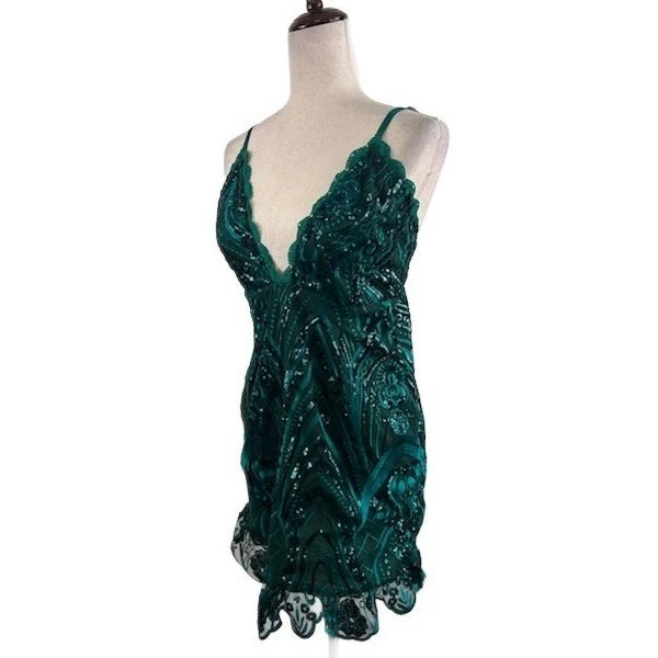 New PrettyLittleThing Mini Dress Emerald Green Sequin Lace Party Cocktail 8 - Image 2