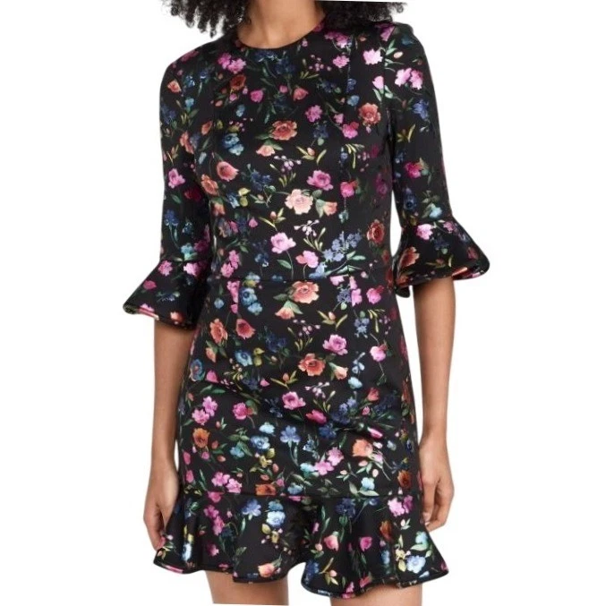 Black Halo Floral Print Metallic Accent Ruffle Hem Bell Sleeve Cocktail Size 4