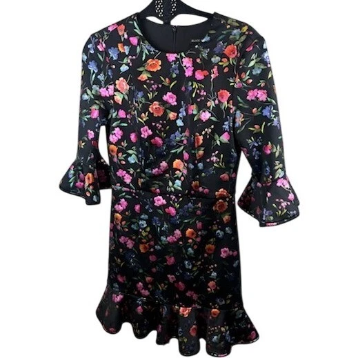 Black Halo Floral Print Metallic Accent Ruffle Hem Bell Sleeve Cocktail Size 4 - Image 3