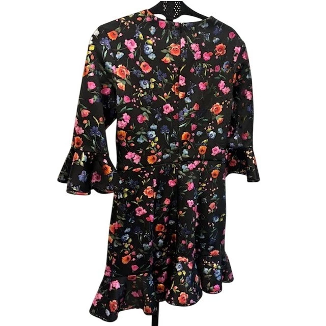 Black Halo Floral Print Metallic Accent Ruffle Hem Bell Sleeve Cocktail Size 4 - Image 4