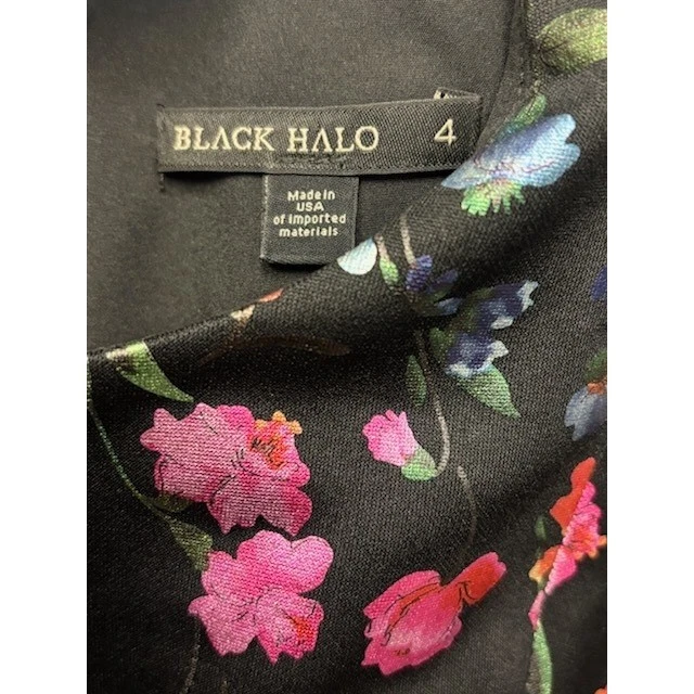 Black Halo Floral Print Metallic Accent Ruffle Hem Bell Sleeve Cocktail Size 4 - Image 6