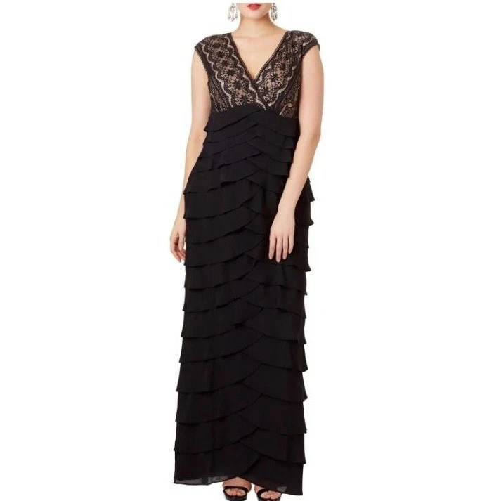 Adrianna Papell Evening Dress Black Lace Ruffle Tiered Formal Gown Size 4