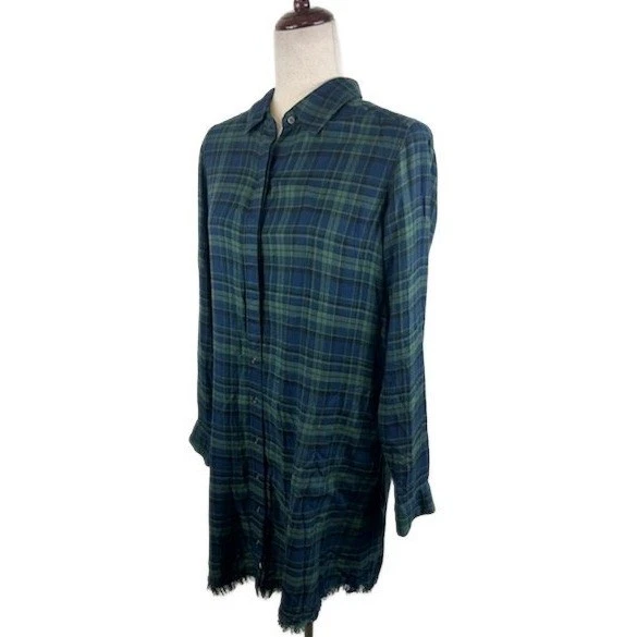 Michael Stars Plaid Button Down Shirt Dress Green Blue Frayed Hem Casual Small - Image 2