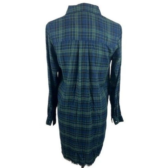 Michael Stars Plaid Button Down Shirt Dress Green Blue Frayed Hem Casual Small - Image 3