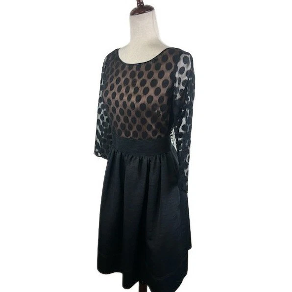 Eliza J Black Velvet Taffeta Polka Dot Party Dress 3/4 Sleeve Fit Flare Size 10 - Image 2