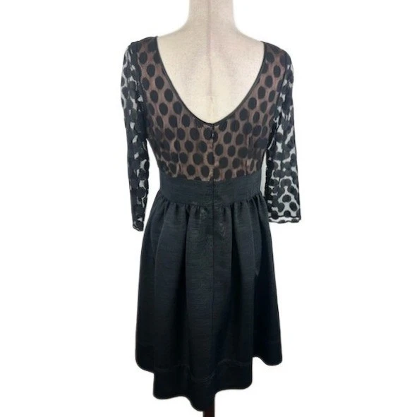 Eliza J Black Velvet Taffeta Polka Dot Party Dress 3/4 Sleeve Fit Flare Size 10 - Image 3