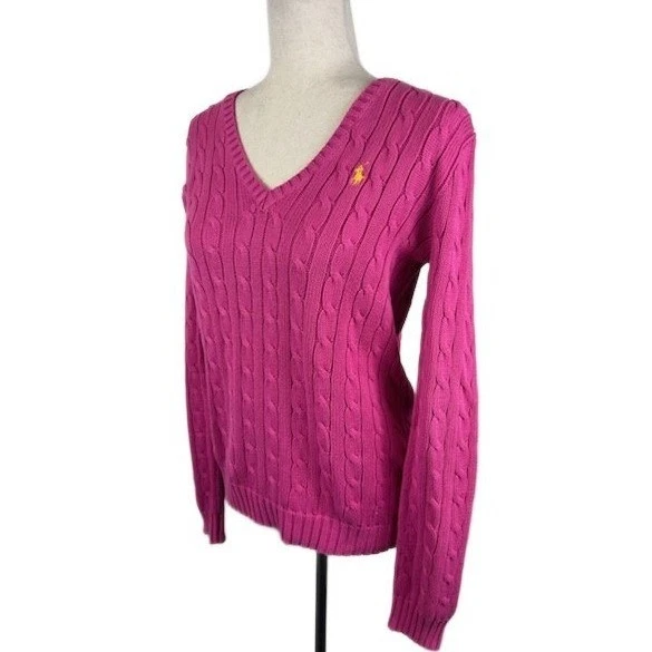 Ralph Lauren Sport Pink Cable Knit V-Neck Sweater Women's Size Medium - Image 2