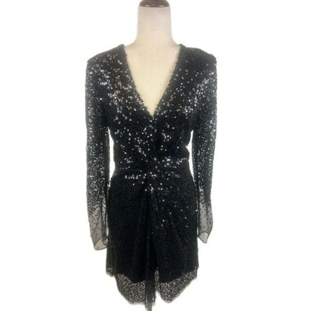 French Connection Black Sequin Mini Dress Long Sleeve Party Cocktail Size Large
