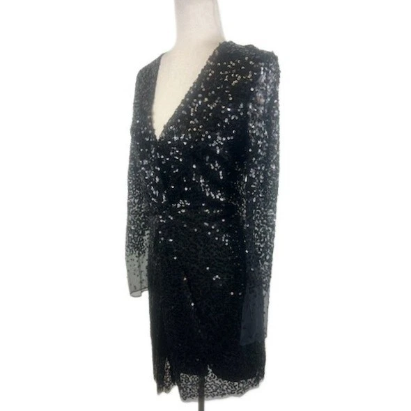 French Connection Black Sequin Mini Dress Long Sleeve Party Cocktail Size Large - Image 2