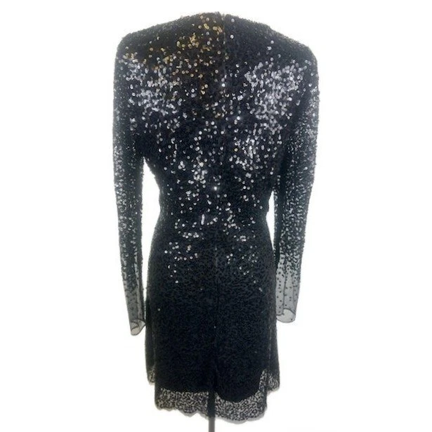 French Connection Black Sequin Mini Dress Long Sleeve Party Cocktail Size Large - Image 3