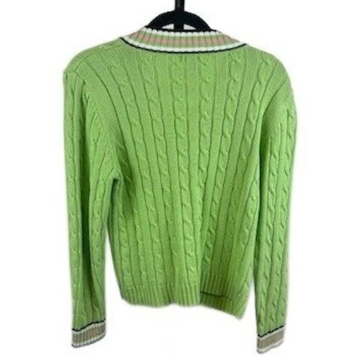 IZOD Sweater Women's Size Large Green Cable Knit V-Neck Golf Y2K Collegiate - Image 2