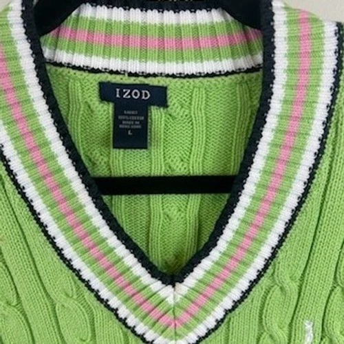 IZOD Sweater Women's Size Large Green Cable Knit V-Neck Golf Y2K Collegiate - Image 4
