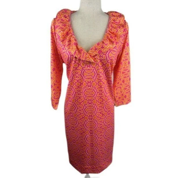 Gretchen Scott Dress Pink Orange Geometric Print Ruffle Collar 3/4 Sleeve 3XL